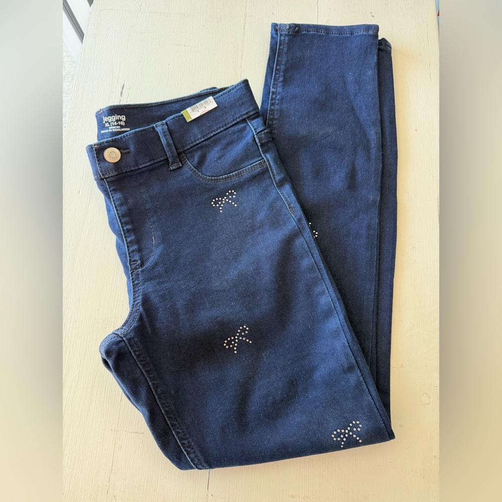 Girls' Navy Denim Jegging Jeans with Crystal Bow Accents XL (14-16) Youth